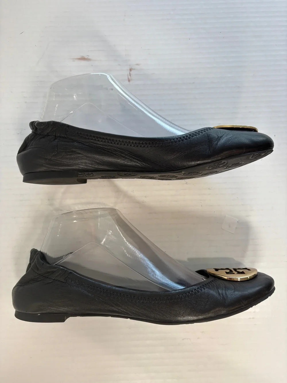 Tory Burch Minnie Leather Ballet Flats Womens Shoe Size 8 Black Travel Gold Logo